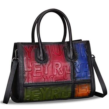 Imagem de Bolsas de couro legítimo para mulheres, feitas à mão, vintage, com alça superior, bolsas de mão, Horizontalmulticolor1, Medium