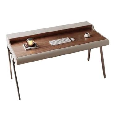 Imagem de Mesa para sentar e levantar Mesa de escritório moderna para casa com armazenamento, estrutura metal estável, estação trabalho para PC acabamento em nogueira e carregadores integrados(M)