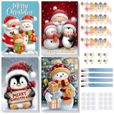 Imagem de Bowetile Pacote com 4 tintas emolduradas de Natal por números para adultos iniciantes, kits fáceis de pintar por número em tela, kits de artesanato de pintura com números acrílicos, presentes de Natal