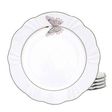 Imagem de Kit Jogo 4 Pratos De Sobremesa Porcelana Borda Dourada 23cm Borboleta 
