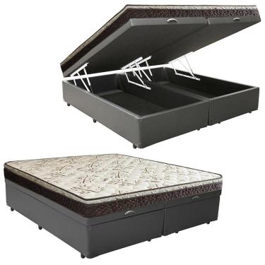 Imagem de Cama Box Baú Queen Sintético Bipartido + Colchão Elegance Ortopédico Espuma D33 Extra Firme 158x198x63 Cor:cinza