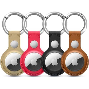 Imagem de Pacote com 4 porta-chaves de couro para Apple AirTag, suportes de couro em várias cores, suportes protetores duráveis e fáceis de limpar | Compatível com Apple Air Tag (dourado - vermelho - preto