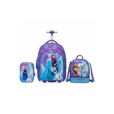 Imagem de Kit Mochila Lancheira Estojo Escolar Espaçosa Rodinha Frozen