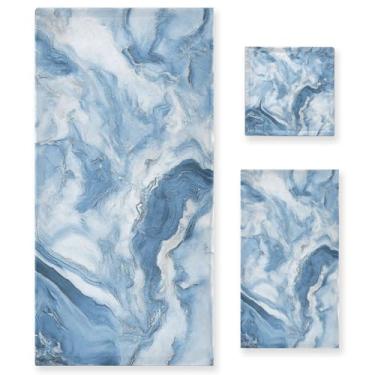 Imagem de ALAZA Conjunto de toalha de banheiro de mármore branco azul, conjunto de 3 peças, 1 toalha de banho, 1 toalha de mão, 1 toalha, toalha absorvente macia para casa, cozinha, academia, praia