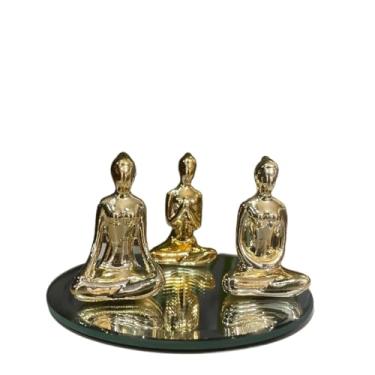 Imagem de Decoração Sala Objetos Kit, Com 3 EstáTuas Enfeite Decorativo Meditação Posições de Yoga 6cm + Bandeja Espelhada(Dourado Liso + Bandeja Espelha,SEM ESPELHO)