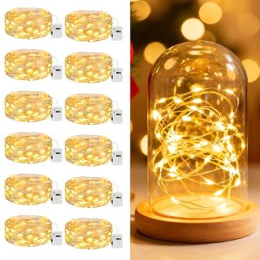 Imagem de litogo Pacote com 12 luzes LED de fadas operadas a pilha, 2 m e 20 LEDs, 3 modos, mini luzes cintilantes, luz estrelada à prova d'água para casamentos, potes de pedreiro, festas, decorações de Natal