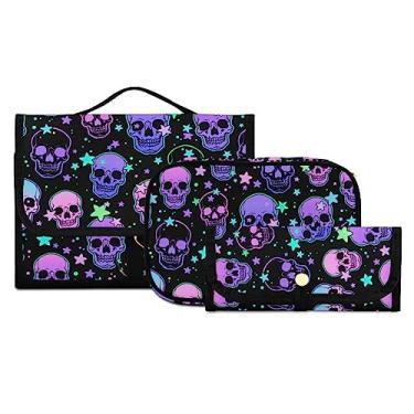 Imagem de MNSRUU Necessaire borboleta bege para pendurar maquiagem bolsa de viagem para artigos de higiene pessoal, 3 peças, organizador de artigos de higiene pessoal, kit de higiene pessoal portátil transparente, Crânio 98, one size