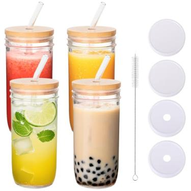 Imagem de STARSIDE Frascos Mason de 680 g com tampas de bambu e plástico hermético, conjunto completo de copos de vidro reutilizáveis com canudos dobrados e escova de limpeza para chá de bolhas, café gelado