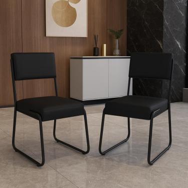 Imagem de Kit 2 Cadeiras Decorativa Sala De Estar Cozinha Jantar Flórida Couro Sintético Preto Tubo Preto