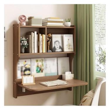 Imagem de HGTRH Mesa de parede com armazenamento, mesa de madeira maciça com banco de trabalho integrado para estudos com folhas para pequenos espaços, estante de livros, mesa de escritório em casa, nogueira