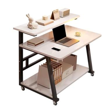 Imagem de HGTRH Mesa de suporte para sentar, mesa de computador com rodas de freio, rack de armazenamento de 3 camadas, mesa de mesa dupla, design de arco, pequena mesa rolante, estação de trabalho para