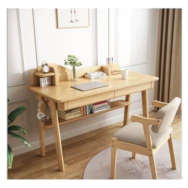 Imagem de Mesa de madeira de carvalho maciça com 2 gavetas, mesa de escritório em casa com prateleira de armazenamento aberta para computador, mesa de trabalho, mesa de trabalho, mesa de jogos, mesa para laptop