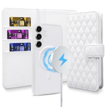 Imagem de Harryshell Capa magnética removível para Samsung Galaxy S25 Plus/S24 Plus, compatível com compartimento para cartão Magsafe com bloqueio de RFID, suporte, capa protetora de couro PU (branco acolchoado