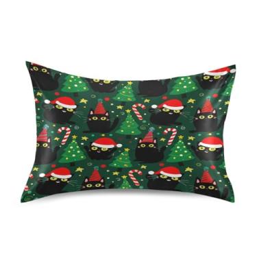 Imagem de Qilmy Fronhas de cetim de gato de árvore de Natal, fronha de seda respirável macia com fecho de envelope para sofá cama, tamanho Queen 76 x 50 cm