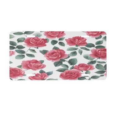 Imagem de Placa de licença floral rosa vermelha para frente do carro placas de carro metal de alumínio adequado para caminhão, placa de porta de carro, bar, café, acessórios automotivos para homens e mulheres
