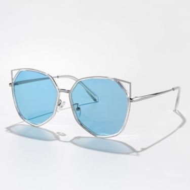 Imagem de Óculos de sol polarizados Cat Eye para mulheres, armação poligonal, retrô, moderno, proteção UV400, Armação Tra/Lente azul, Lens Width: 60Millimeters