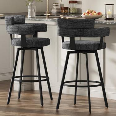 Imagem de FERFALDER Conjunto de 2 bancos de bar de 76 cm com encosto completo, cadeiras giratórias com encosto acolchoado de linho, apoio para os pés de metal, bancos modernos de altura de bar para ilha de