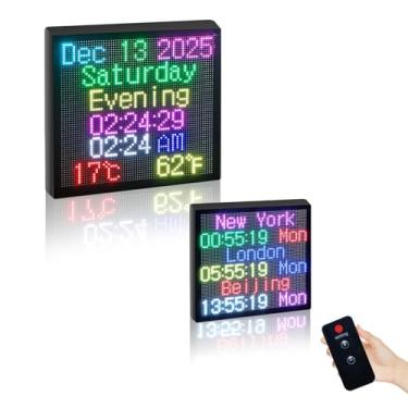 Imagem de FTELEDLIGHT Relógio de parede digital grande de 35,5 x 35,5 cm com relógio de fusos horários mundiais - Visor LED pixel de fácil leitura, horário de 3 cidades, temperatura e calendário, regulação