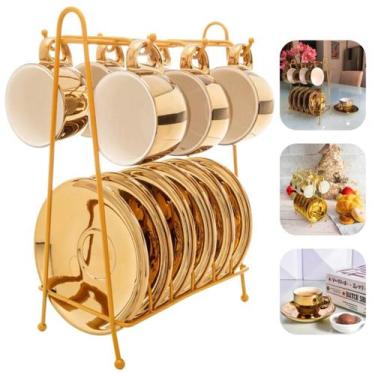 Imagem de Cj 6 Xicaras Cafe Porcelana Com Pires E Suporte Versa Branco e Dourado