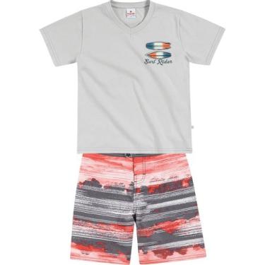 Imagem de Conjunto Infantil Brandili Camiseta e Bermuda - Em Meia Malha e Microfibra - Cinza e Laranja