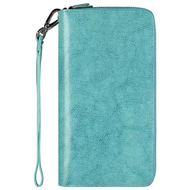 Imagem de Lavemi Carteira feminina com bloqueio de RFID, 100% couro, grande capacidade, zíper ao redor, suporte de telefone clutch bolsa de viagem bolsa de pulso, 2 enceradas verde-claro, One Size, Clássico
