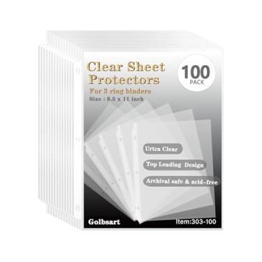 Imagem de Protetores de lençol 21 x 28 cm, pacote com 100 protetores de página para fichário de 3 anéis, mangas de plástico de carregamento superior com furador reforçado de 3 furos para fichários, tamanho