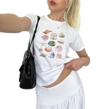 Imagem de Camisetas femininas de manga curta com estampa de frutas fofas Y2k Coconut Teens Girl Beach Aesthetic Crop Tops, 4 peixes, branco, P