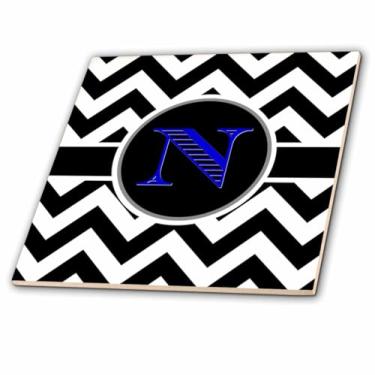 Imagem de Monograma de rosa 3D com inicial N, azulejo de cerâmica, preto/branco/azul