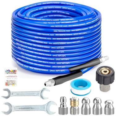Imagem de Kit de jateador de esgoto flexível de 3,5 m para lavadora de pressão, mangueira de limpeza de drenagem de 5800psi com rotação de canto Npt de 1/4 polegada e chave inglesa de bico de esgoto de nariz de