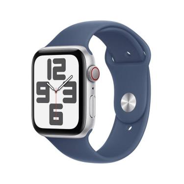 Imagem de Apple Watch SE GPS + Cellular • Caixa prateada de alumínio – 44 mm • Pulseira esportiva denim – P/M