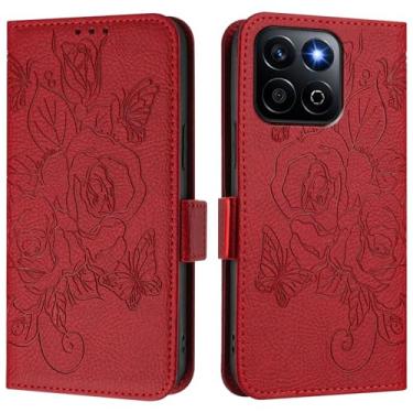 Imagem de Capa carteira rosa e borboleta em relevo para Honor X7C 4G, [bloqueio RFID] [suporta carregamento sem fio] 3 compartimentos para cartão e 1 compartimento para dinheiro, capa flip com fivela magnética