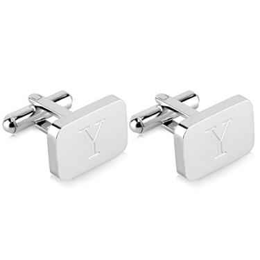 Imagem de Abotoaduras masculinas de aço inoxidável gravadas com iniciais banhadas a ouro branco 18K com caixa de presente - Letras personalizadas do alfabeto A-Z da Lux & Pair, Aço inoxidável,