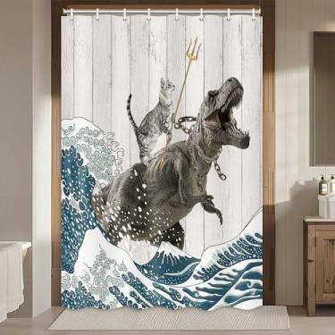 Imagem de Boziqr Cortina engraçada para box de chuveiro, gato legal, dinossauro japonês, decoração de ondas do oceano, cortinas de banheiro para trailer, cortina de chuveiro de casa de fazenda de madeira
