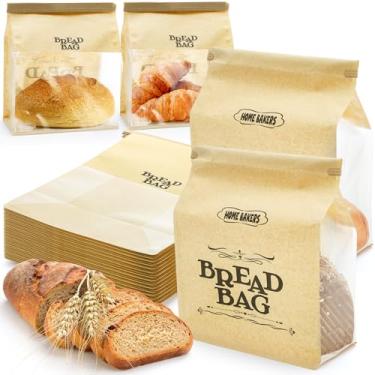 Imagem de ZEAYEA Pacote com 50 sacos de papel para pão, sacos de armazenamento de padaria com janela transparente, saco grande de pão Kraft com trava de aba de gravata de lata para armazenamento de biscoitos de