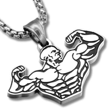 Imagem de Cordão Colar Fit Pingente Homem Forte Bodybuilder Fisiculturismo Corrente Aço Inox Masculino Academia Halter Anilha (Prateado, 60cm)