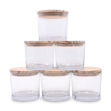 Imagem de SHOWIN Frascos de vela de 340 g de espessura para fazer velas, 6 peças, frascos vazios com tampas de madeira para potes de especiarias, recipiente de amostra, transparente