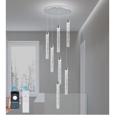 Imagem de Upfelw Lustre De Cristal Para Escada, Moderno Em Espiral Cromado Com Led Regulável, Iluminação Hall Entrada, Luminária Suspensa Formato Bolha Sala Estar, 7 Luzes, Controle Remoto