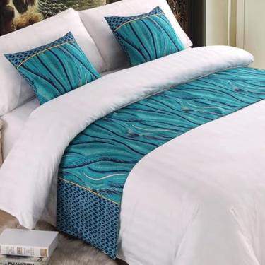 Imagem de Cachecol de cama de hotel moderno macio toalha de cama padrão de planta cachecol proteção colcha de luxo decoração para cama de solteiro queen king size azul ||casal/casal 19,7 x 82,6