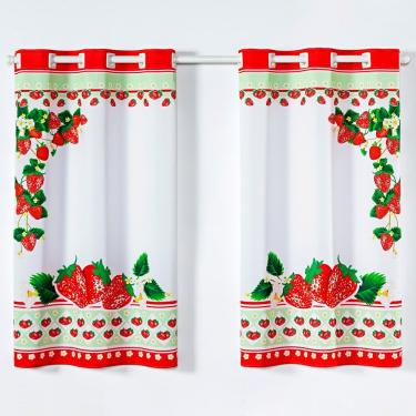 Imagem de Cortina Gourmet Varão Cozinha Tecido Oxford 2,00M X 1,30M - Morangos Vermelha