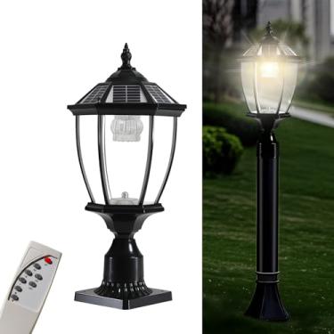 Imagem de Tesony Poste de luz solar, poste de luz solar com controle remoto, 6000 K 120 lúmens para ambientes externos com base de montagem no cais, postes de lâmpada à prova d'água IP65, iluminação externa