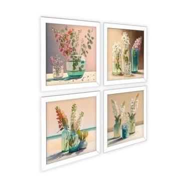 Imagem de Kit 4 Quadros Decorativos Banheiro,lavabo, Vasos Com Vidro (Branco)