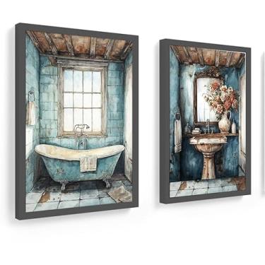 Imagem de Kit 2 quadros 18x24 cm com vidro, banheiro, lavabo, sky blue (preto)