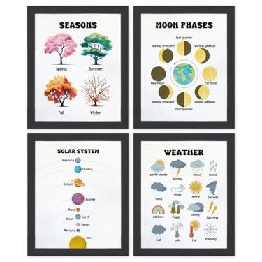 Imagem de TLESKE Estações da lua fases do sistema solar gráficos meteorológicos impressões sem moldura 20 x 25 conjunto de 4, decoração de parede escolar em casa para quarto de crianças, berçário, sala de jogos