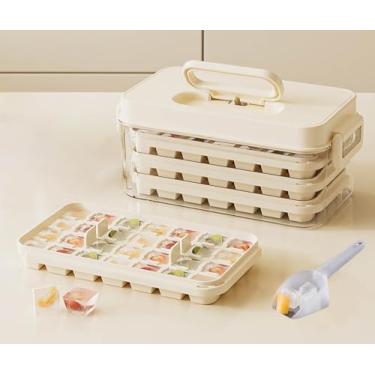 Imagem de Bandejas de cubos de gelo com tampas, concha e balde de gelo 28/84 peças molde de cubo de gelo de silicone portátil com caixa de gelo reutilizável para geladeira (bege, 3 camadas (84 peças))