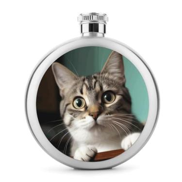 Imagem de Cantil de aço inoxidável, um cantil de bolso com estampa de gato curioso, cantil, garrafa de viagem, portátil, garrafa de licor portátil