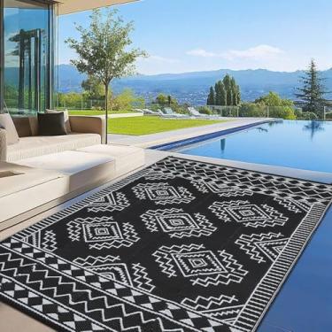 Imagem de GarveeLife Tapetes de porta externa para pátio, 22 x 30,5 cm, impermeável, resistente a raios UV, moderno, reversível, leve, tapete de palha de plástico dobrável e portátil para piquenique, deck