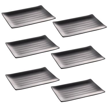 Imagem de Kit 6 Travessas Retangulares de Melamina Pretas 24,5x16,5cm Comida Japonesa Sushi Sashimi