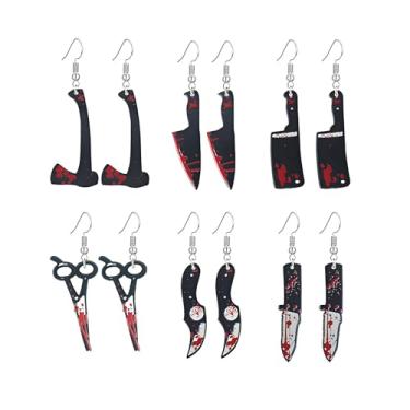 Imagem de coadipress coadipress 6 pares de brincos de faca para mulheres, punk, gótico, punhal, faca de sangue, guilhotina, brincos de Halloween, exclusivos, hip hop, Halloween, joias de festa de terror, Middle