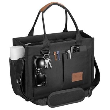 Imagem de JIECH Sacolas de lona com bolsos - Bolsa feminina para uso diário, Zíper adicional e bolsos laterais - preta, Medium