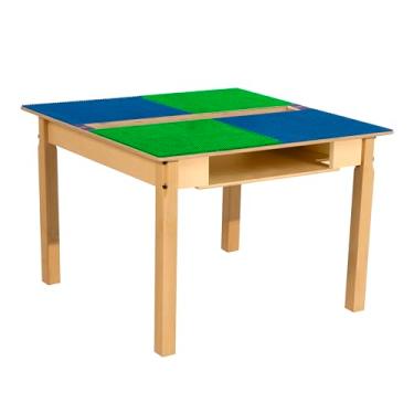Imagem de Contender Time-2-Play mesa compatível com Lego de 89 cm x 78 cm de madeira azul e verde com cocho e prateleira, mesa de atividades infantis de madeira maciça, sala de jogos, creche ou pré-escola